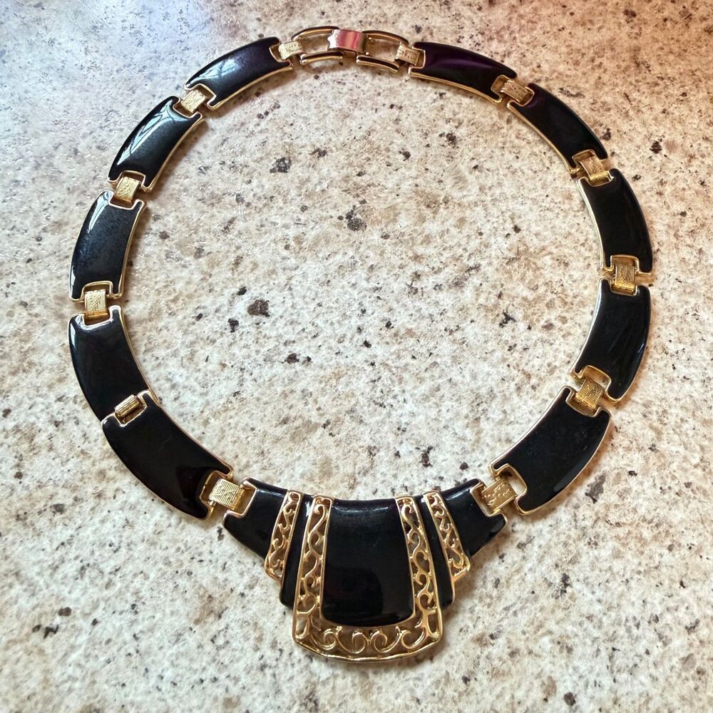 Vintage Black Enamel Gold Tone Choker Necklace Statement Articulated Link 15"